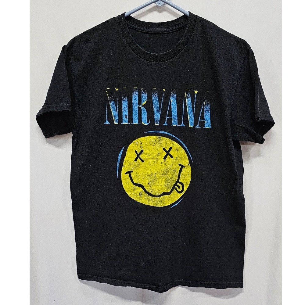 Nirvana Smiley Face Graphic Tee Black Blue Yellow Grunge Rock T-Shirt Small